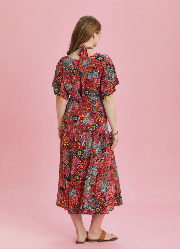 Boho Chic Style Red Printed Cut Out Plus Size Dress