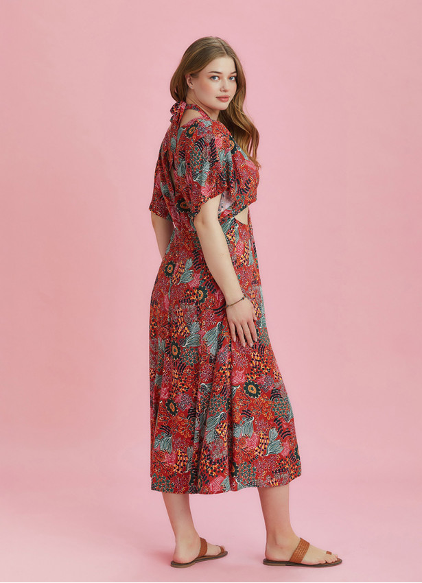Boho Chic Style Red Printed Cut Out Plus Size Dress