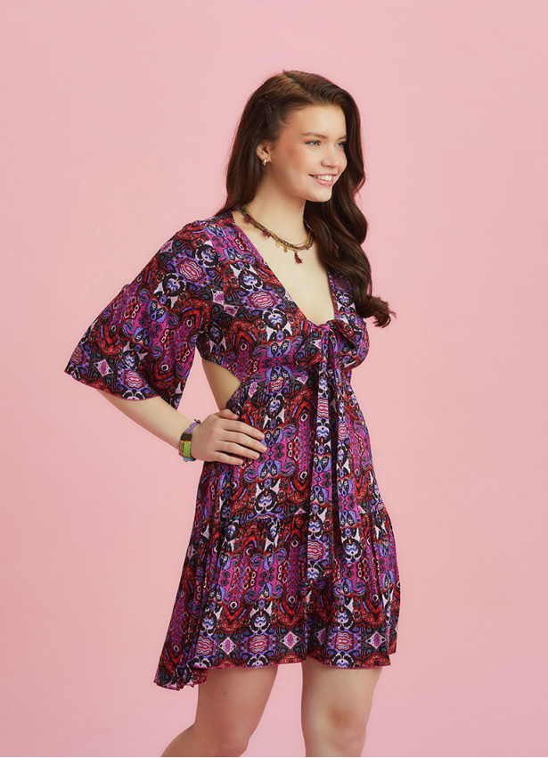 Frill Hem Tie Front Print Short Summer Dress