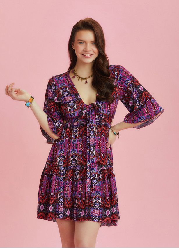 Frill Hem Tie Front Print Short Summer Dress