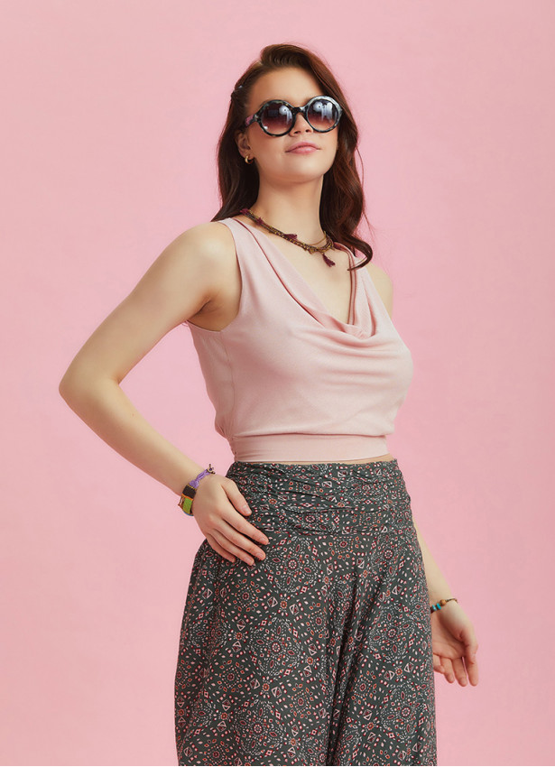 Draped Front Detail Elastic Waist Antique Print Salwar Pants