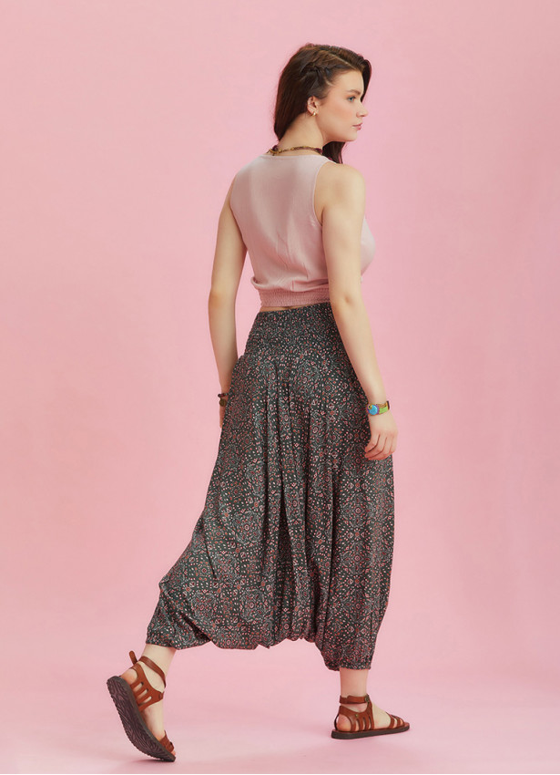 Draped Front Detail Elastic Waist Antique Print Salwar Pants