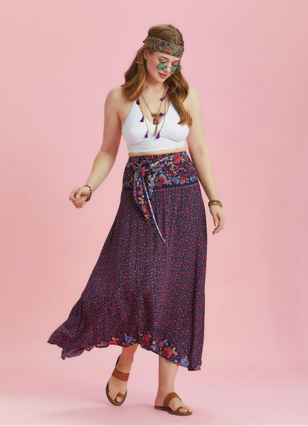 Floral Patterned Loose Asymmetric Plus Size Skirt