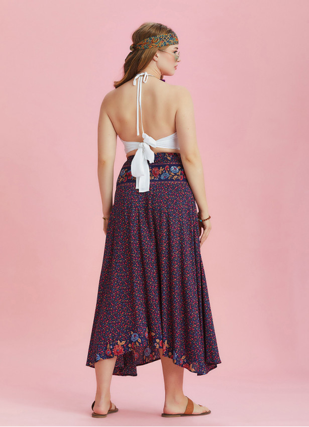 Floral Patterned Loose Asymmetric Plus Size Skirt