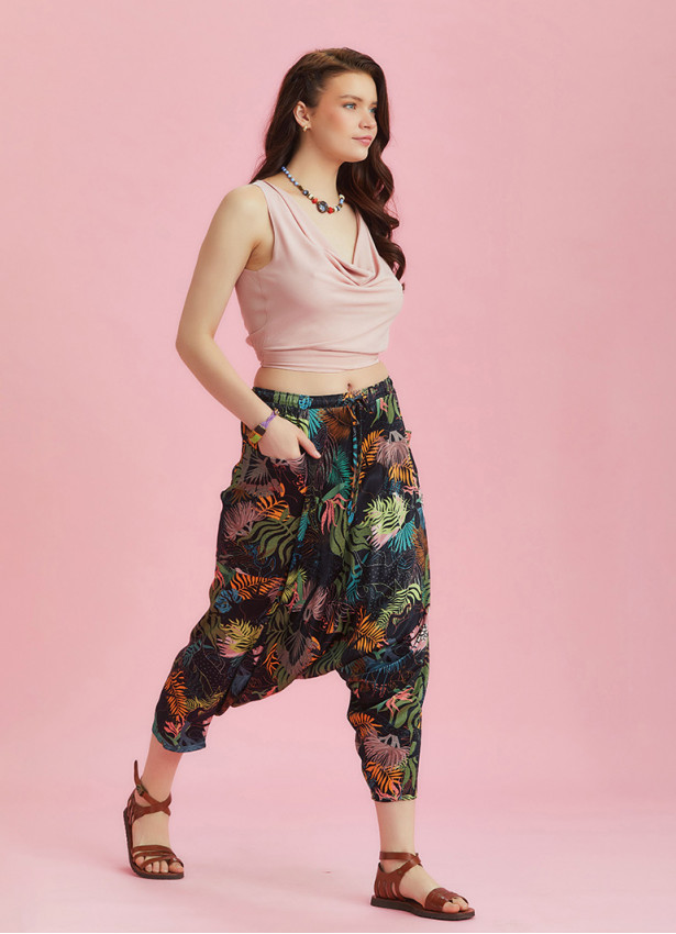 Black Floral Elastic Waist Capri Harem Pants