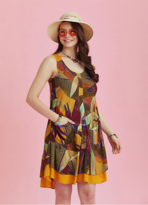 Khaki Print Front Pocket Detail Sundress