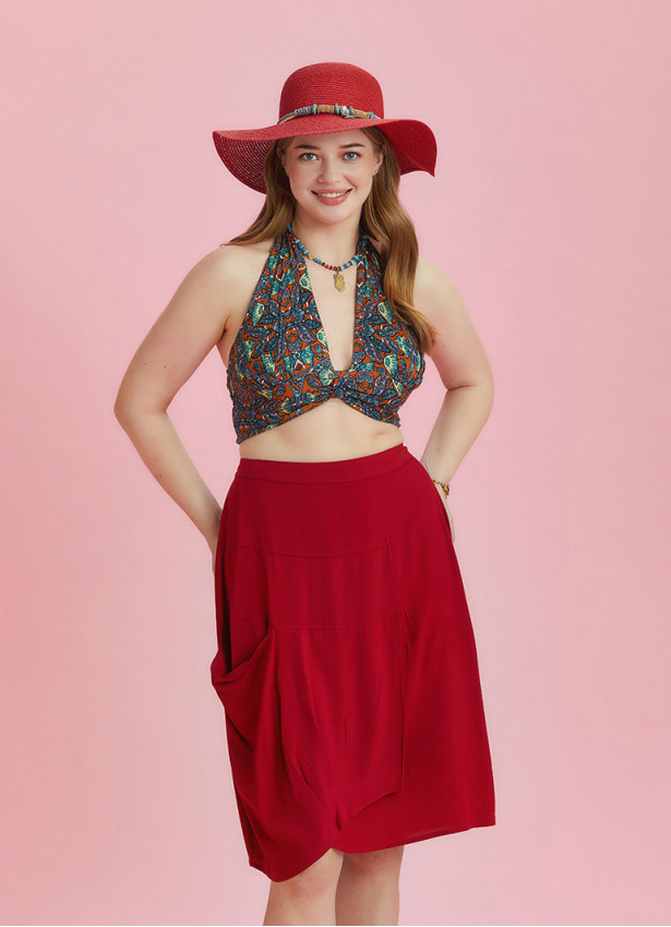 Oversize Pocket Detail Wrap Front Red Plus Size Skirt