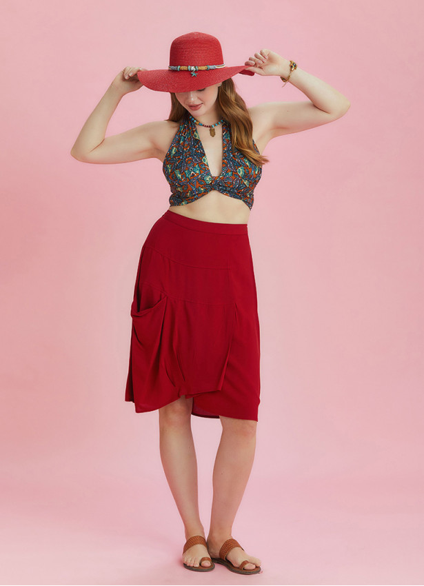 Oversize Pocket Detail Wrap Front Red Plus Size Skirt