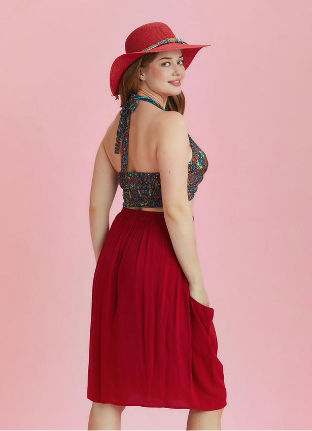 Oversize Pocket Detail Wrap Front Red Plus Size Skirt