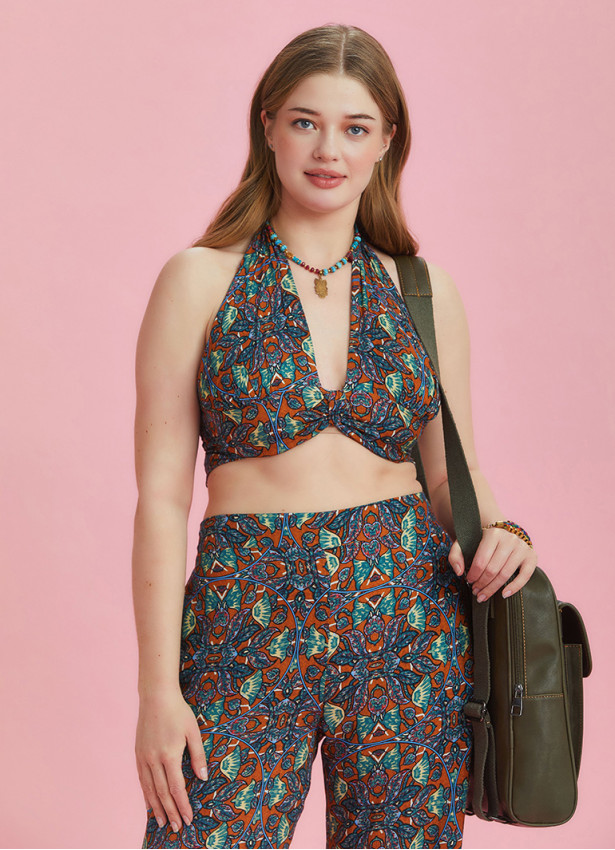 Boho Chic Shirred Back Tie Neck Halter Paterned Plus Size Crop Top