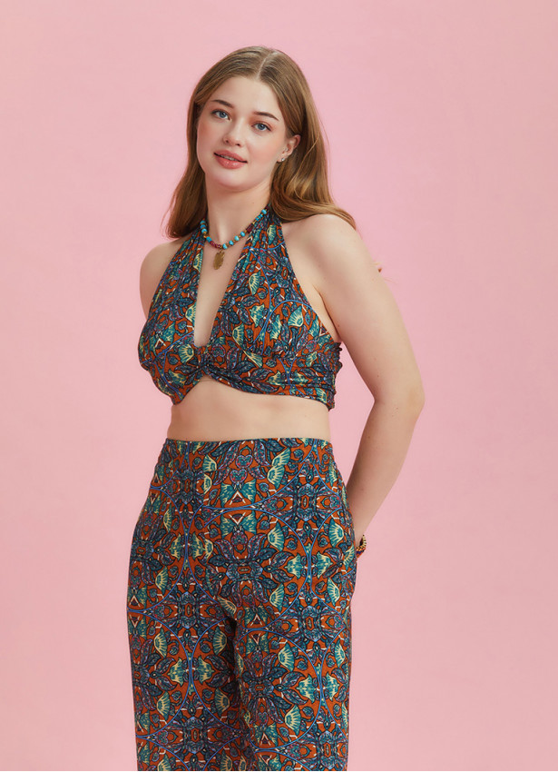 Boho Chic Shirred Back Tie Neck Halter Paterned Plus Size Crop Top