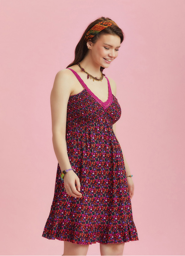 Fuchsia Flowers Patterned Lace Collar Strap Sundress
