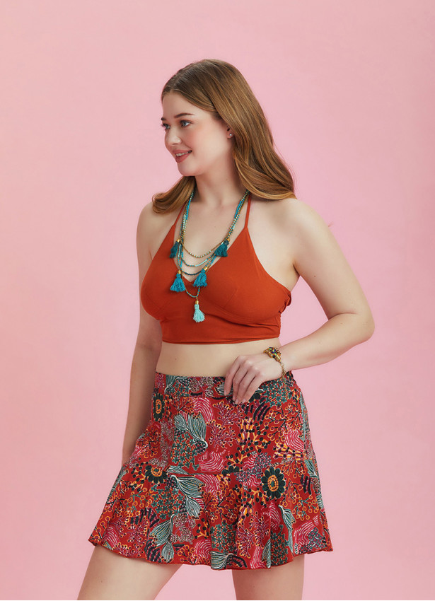 Boho Chic Style Red Print Ruffled Plus Size Skort