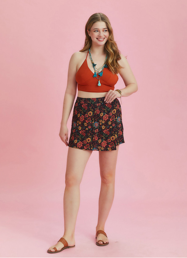 Boho Chic Wrap Front Black Floral Plus Size Skort