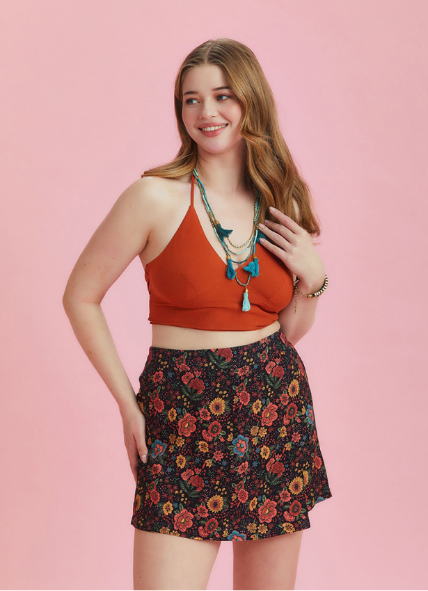 Boho Chic Wrap Front Black Floral Plus Size Skort