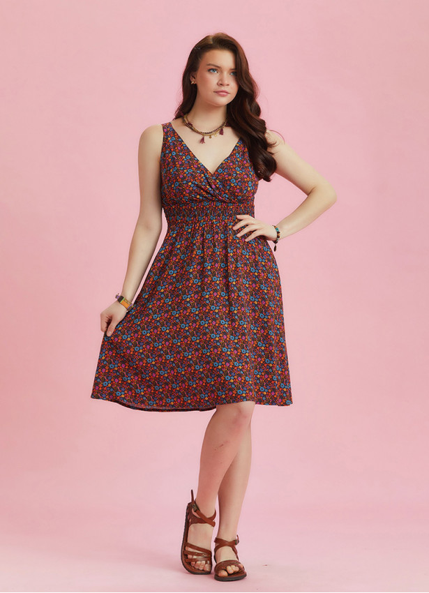 Bohemian Style Double Breasted V-Neck Flowers Patterned Dress