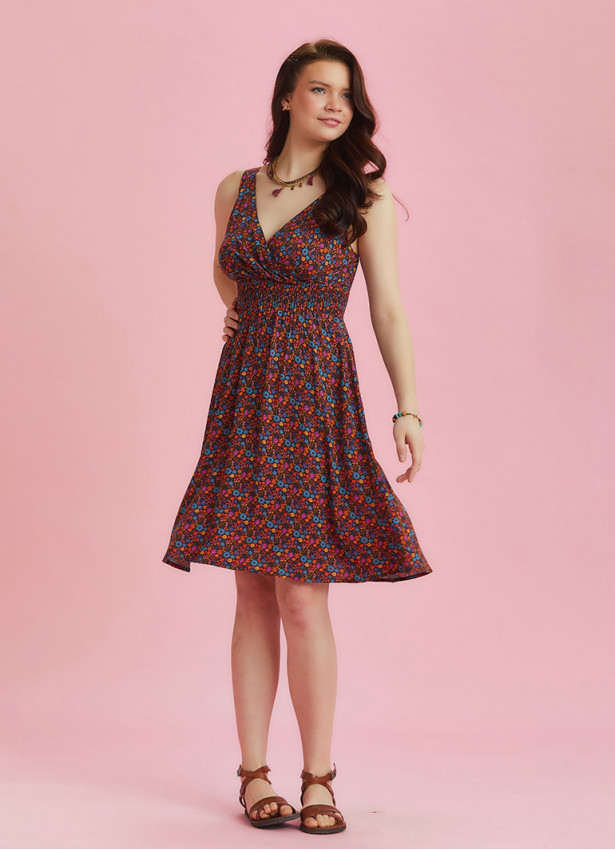 Bohemian Style Double Breasted V-Neck Flowers Patterned Dress