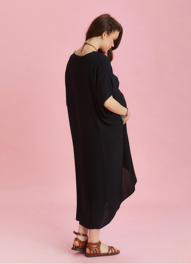 Twist Front Loose Black Bat Wing Maternity Dress