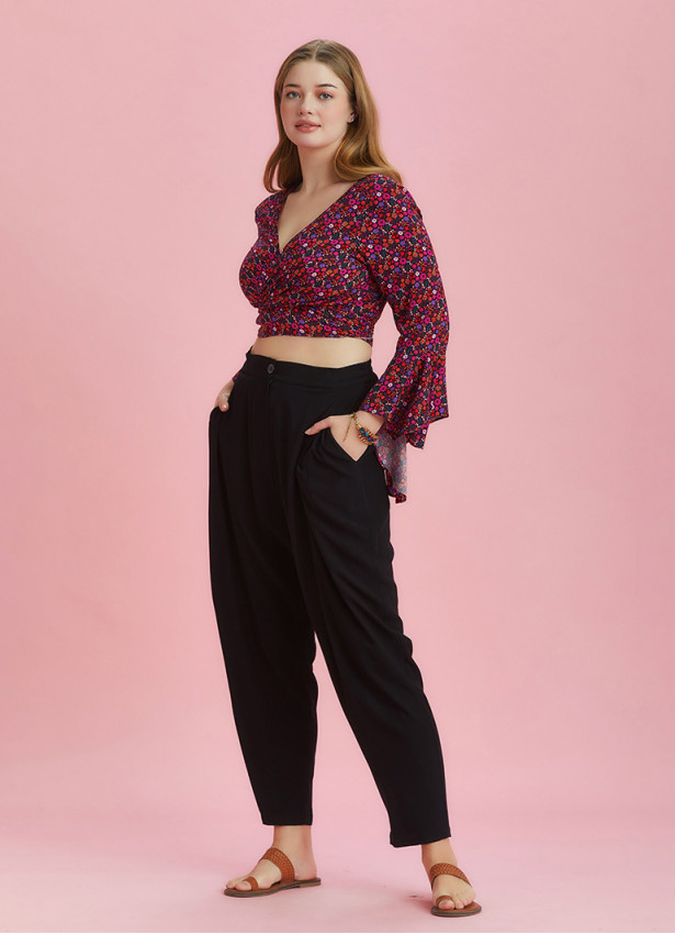Drop Crotch Black Pleated Plus Size Summer Pants