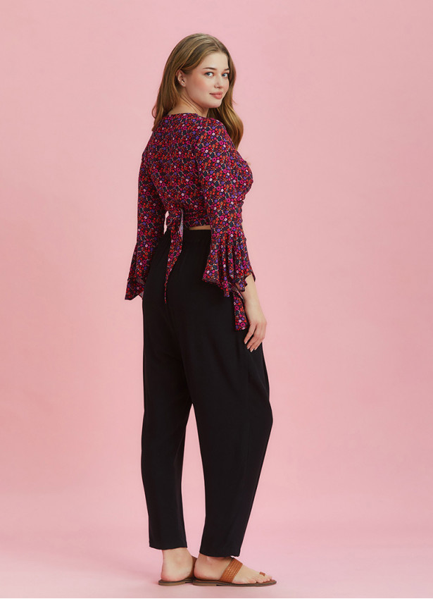 Drop Crotch Black Pleated Plus Size Summer Pants