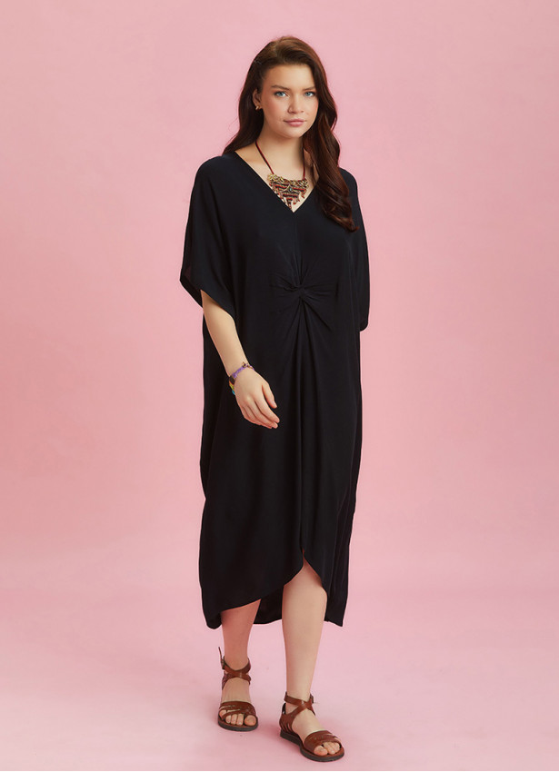 Twist Front Loose Black Bat Wing Dress