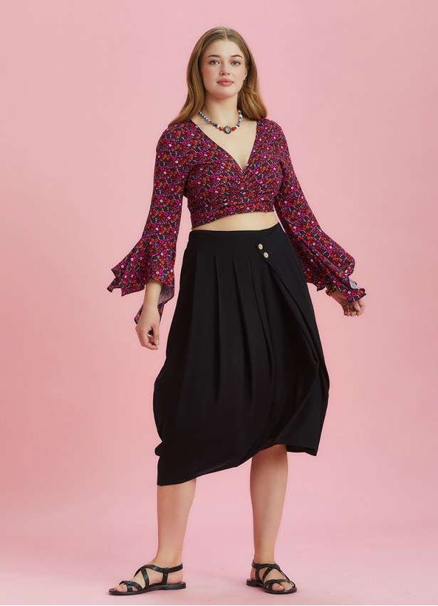 Button Closure Wrap Front Black Plus Size Skirt