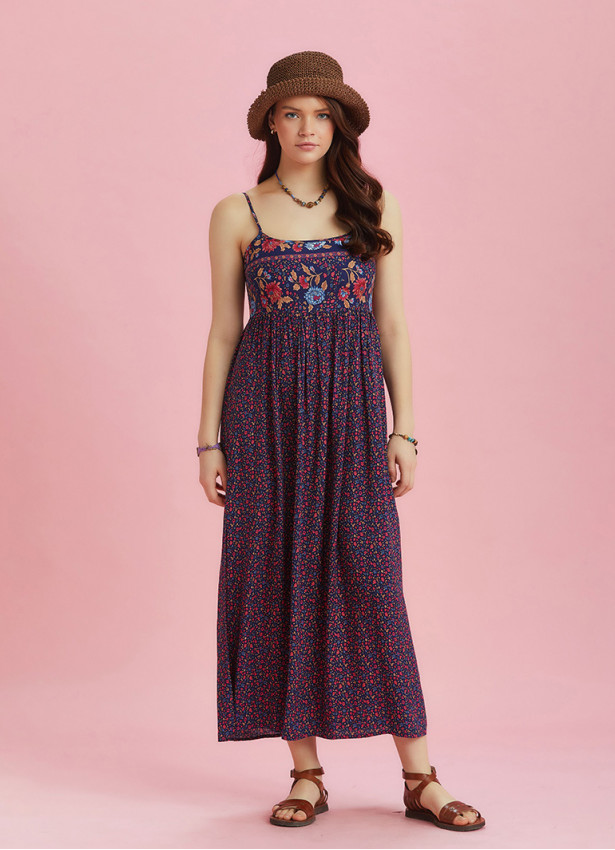 Strappy Button Back Pink Floral Slit Dress