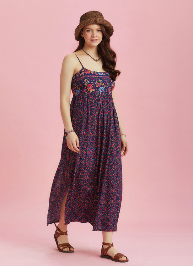 Strappy Button Back Pink Floral Slit Dress