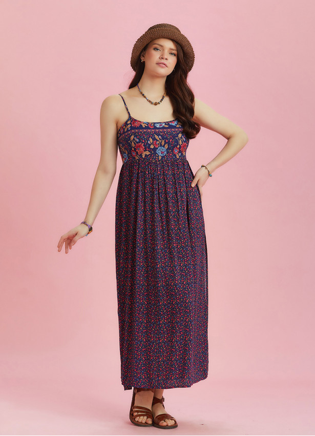 Strappy Button Back Pink Floral Slit Dress