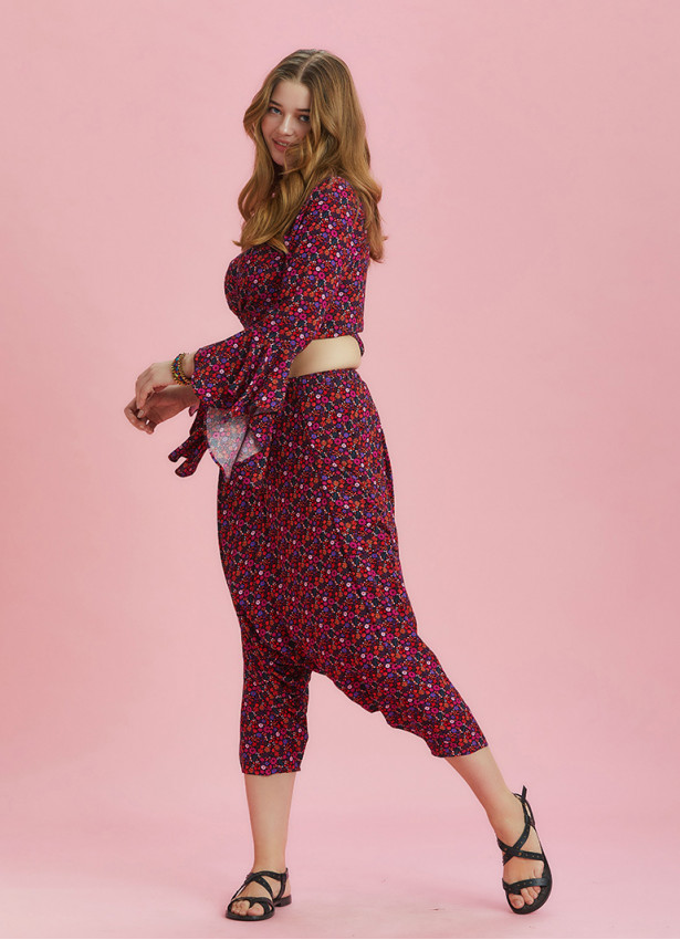 Print Elastic Waist Plus Size Capri Pants