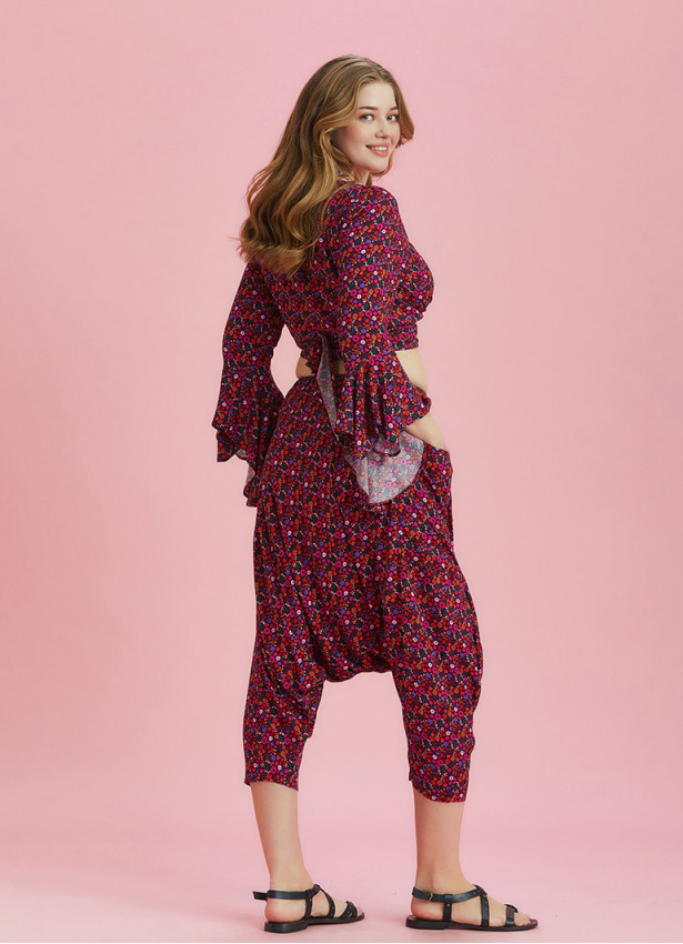 Print Elastic Waist Plus Size Capri Pants