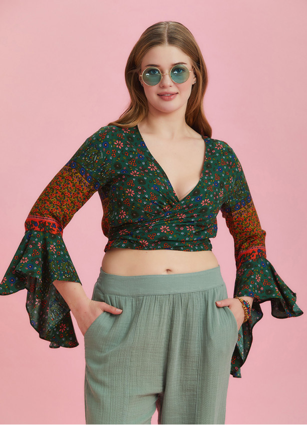 Flowers Gypsy Style Bell Sleeve Crop Plus Size Top