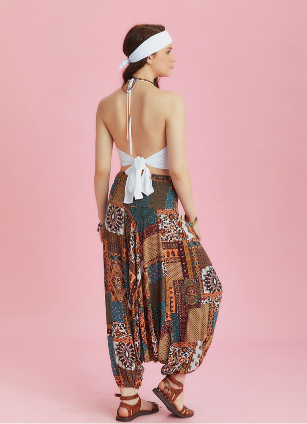 Wide Shirred Waist Boho Style Print Harem Pants