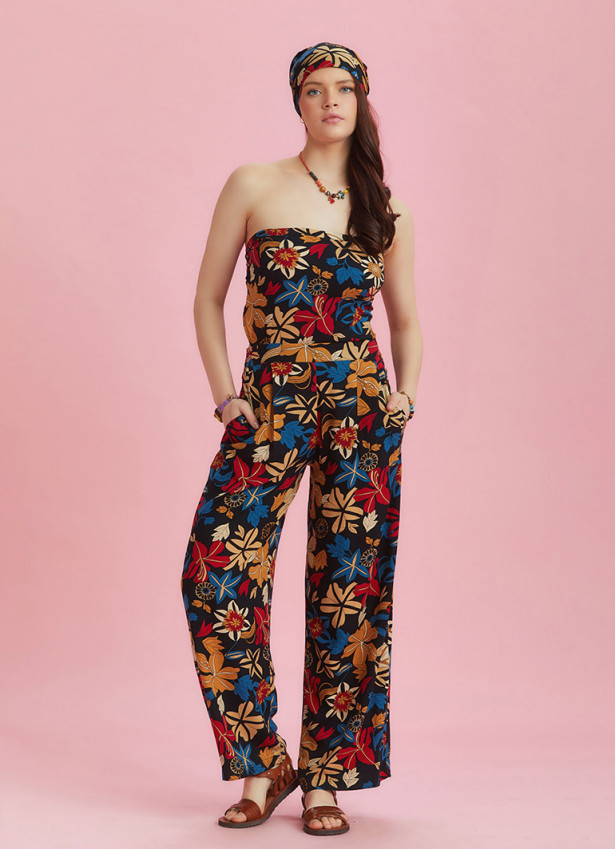 Black Floral Print Wide Leg Strapless Overall