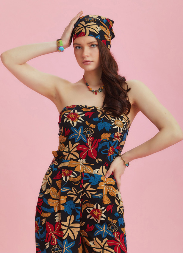 Black Floral Print Wide Leg Strapless Overall