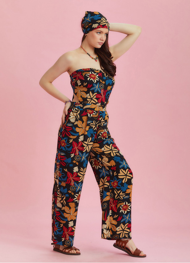 Black Floral Print Wide Leg Strapless Overall
