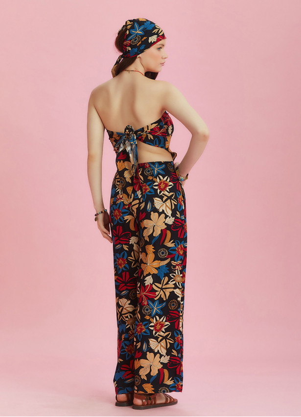Black Floral Print Wide Leg Strapless Overall