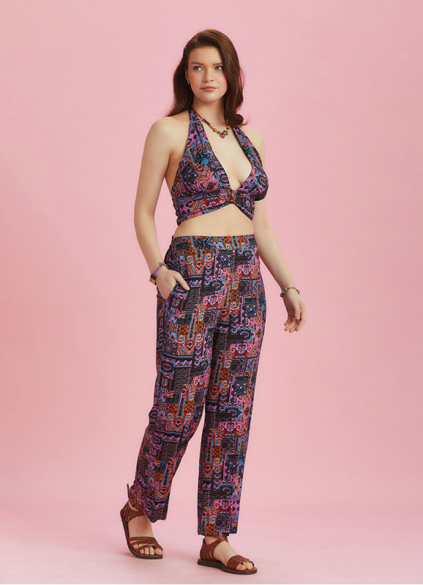 Lilac Printed Elastic Waist Boho Pants