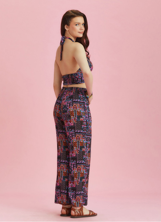 Lilac Printed Elastic Waist Boho Pants