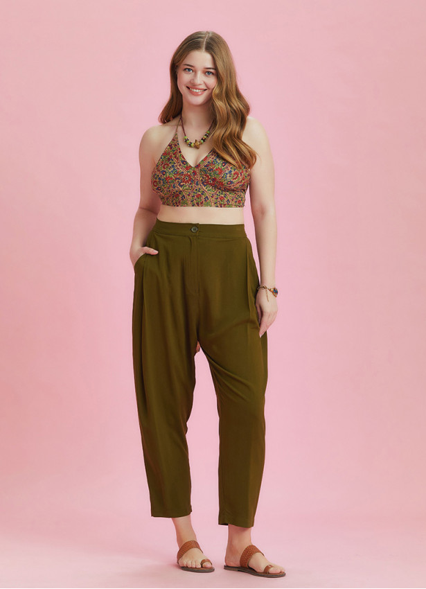 Drop Crotch Khaki Pleated Plus Size Summer Pants