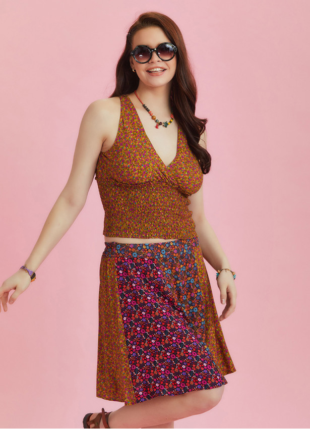 Boho Chic Floral Print Patchwork Mini Skirt