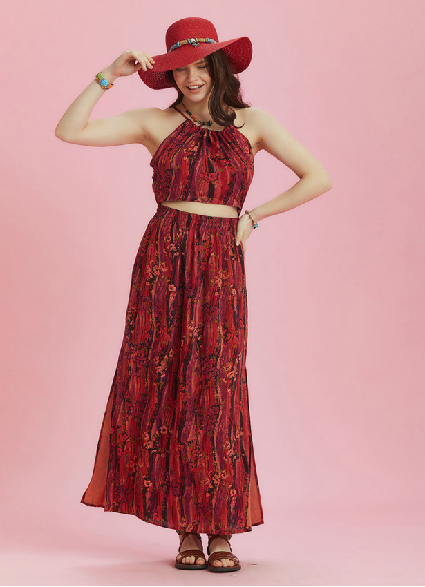 Open Back Halter Neck Red Printed Slit Sundress