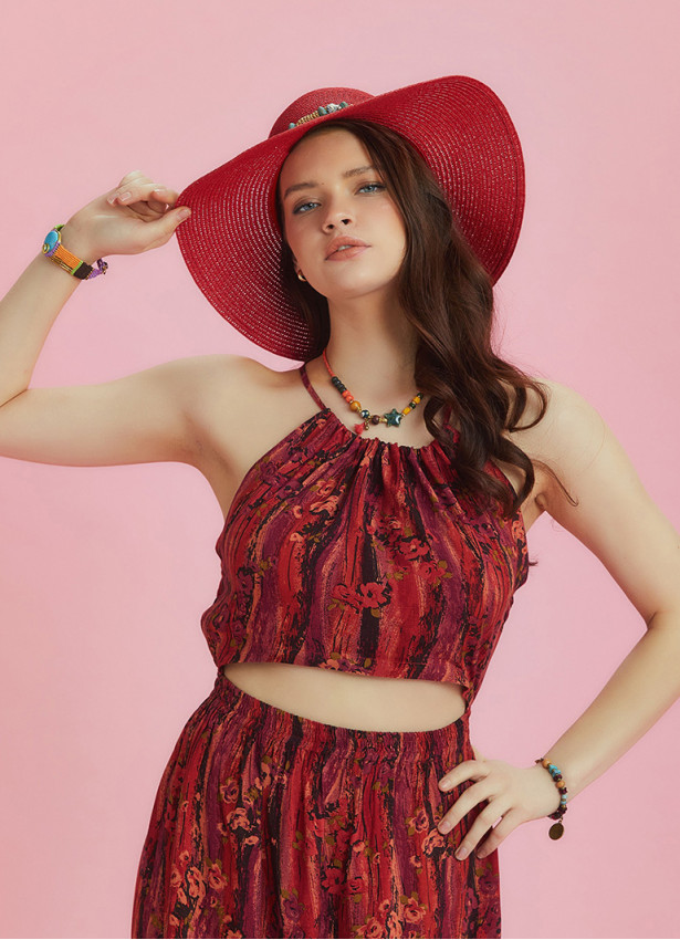 Open Back Halter Neck Red Printed Slit Sundress