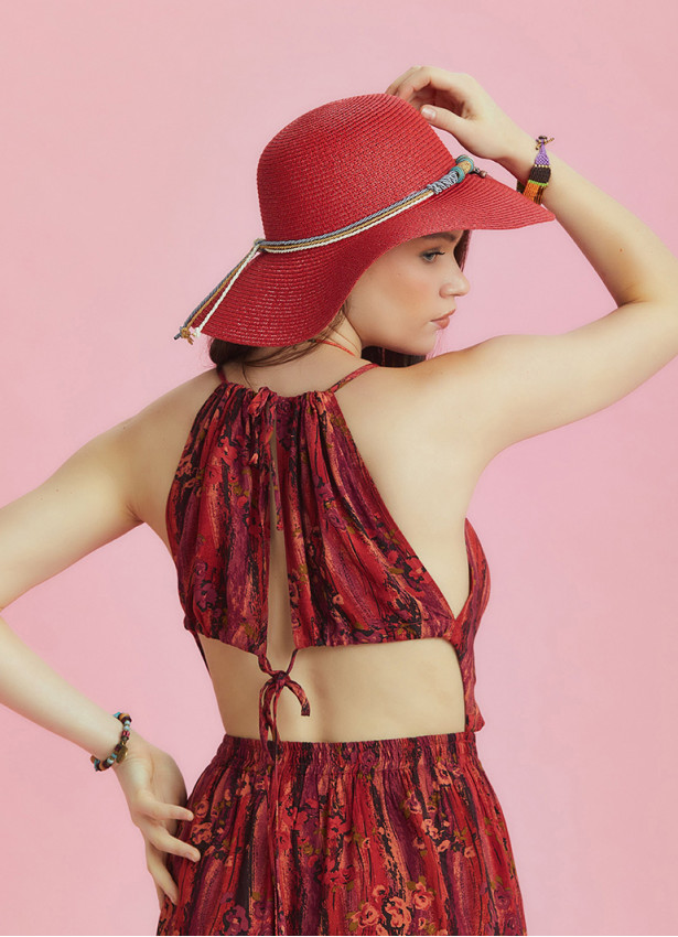 Open Back Halter Neck Red Printed Slit Sundress