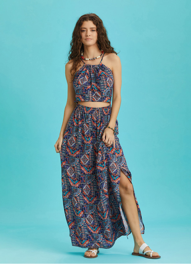 Open Back Halter Neck Printed Slit Sundress