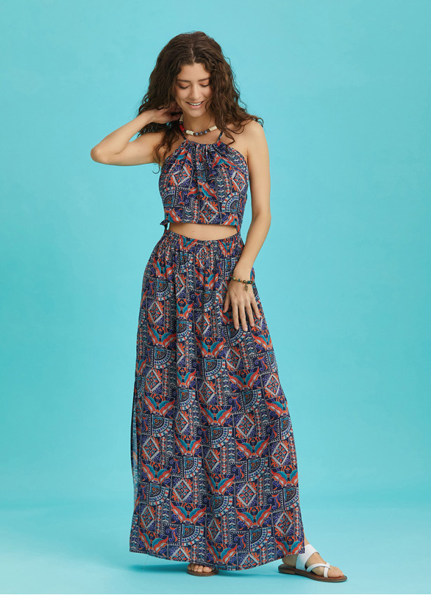 Open Back Halter Neck Printed Slit Sundress