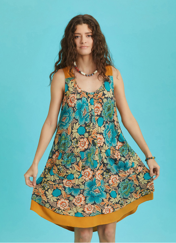 Front Pocket Detail Khaki Print Sundress