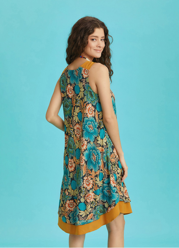 Front Pocket Detail Khaki Print Sundress