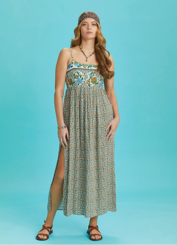 Strappy Button Back Floral Slit Dress