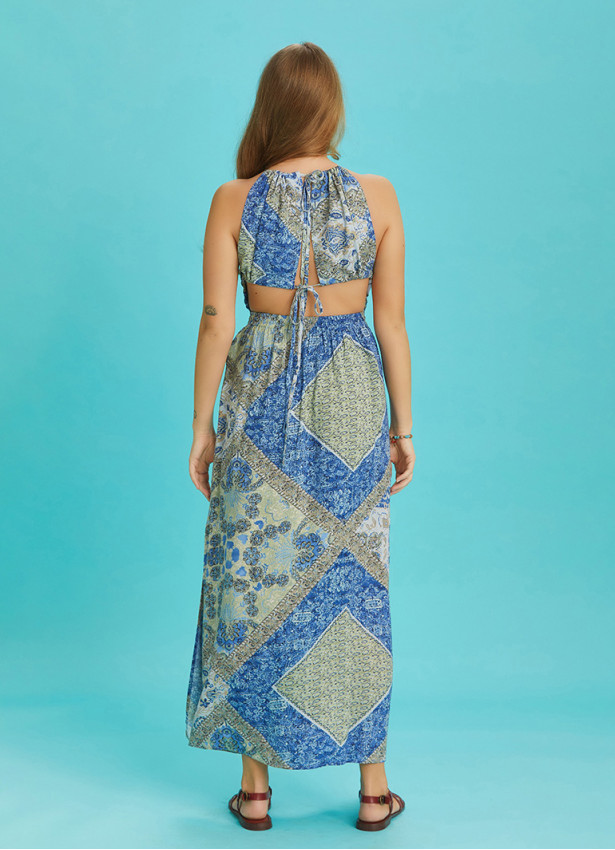 Open Back Halter Neck Blue Printed Slit Sundress